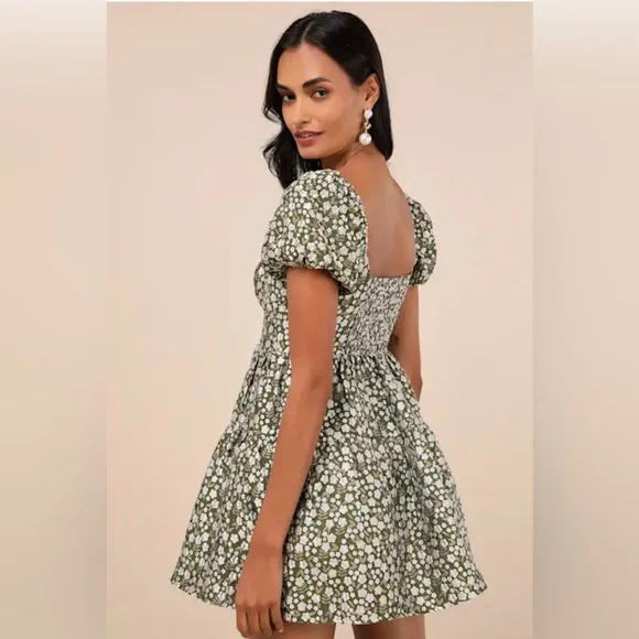 Lulus Confident Sweetheart Olive Floral Jacquard Tiered Mini Dress Green - Picture 2 of 7